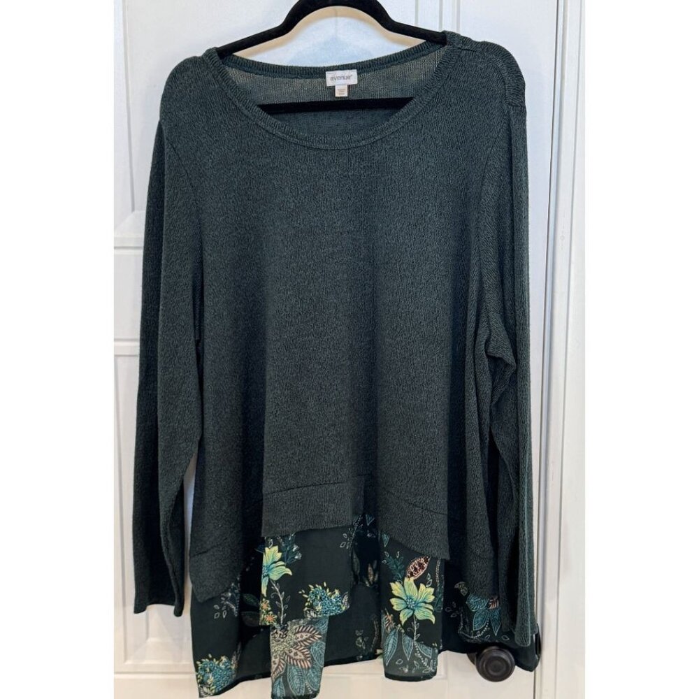 Avenue 22/24 Dark Green Heathered Knit Tunic Sweater w/Chiffon Floral Hem EUC